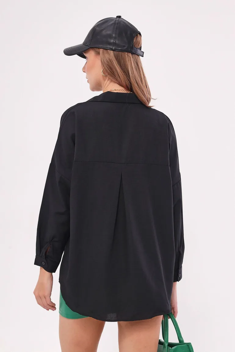 Women's Black Oversize Long Basic Shirt - 3