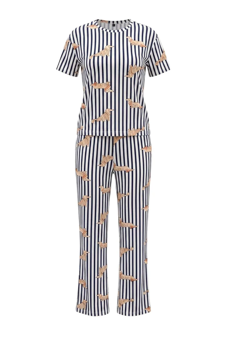 Multi Color 100% Cotton Striped and Dog Patterned Knitted Pajamas Set - 5