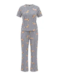 Multi Color 100% Cotton Striped and Dog Patterned Knitted Pajamas Set - 5