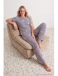 Multi Color 100% Cotton Striped and Dog Patterned Knitted Pajamas Set - 2