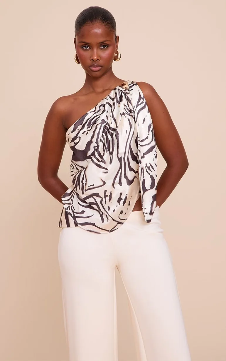 Beige Printed Satin Drape Trim Detail Top - 5