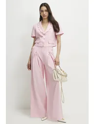 Pink Linen Blend Cropped Scallop Trim Jacket - 1