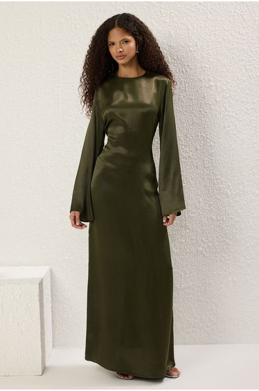 Khaki Brit Detailed Woven Satin Evening Dress product thumbnail 2