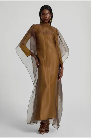 Organza Stand Colllar Maxi Dress With Cape