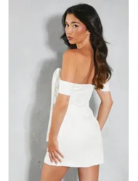 Premium Satin Bardot Bow  Detail Bodycon Mini Dress - 2