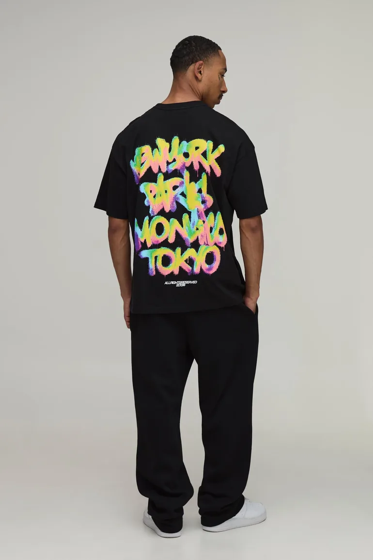Black Oversized Location Graffiti Print T-Shirt - black - 2