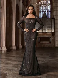 Classic Style Hot Drill Beading Square Neck Slim Long Sleeve Gown Dresses - 1