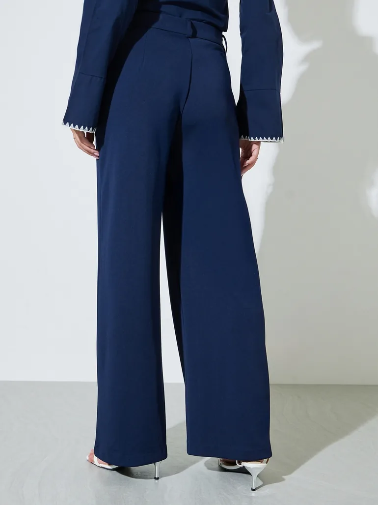 Navy Blue Scuba Wide Leg Pants - 3