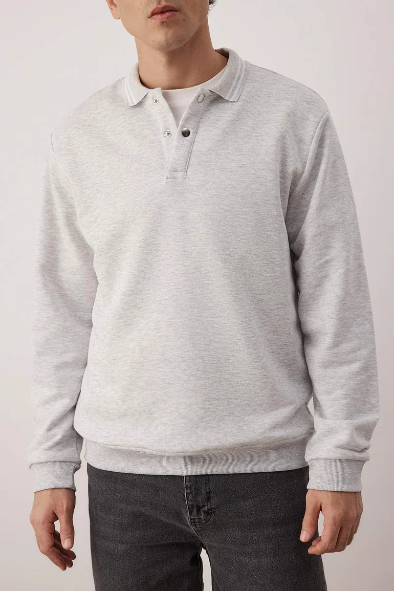 Gray melange regular/normal polo neck knitted sweatshirt - 2