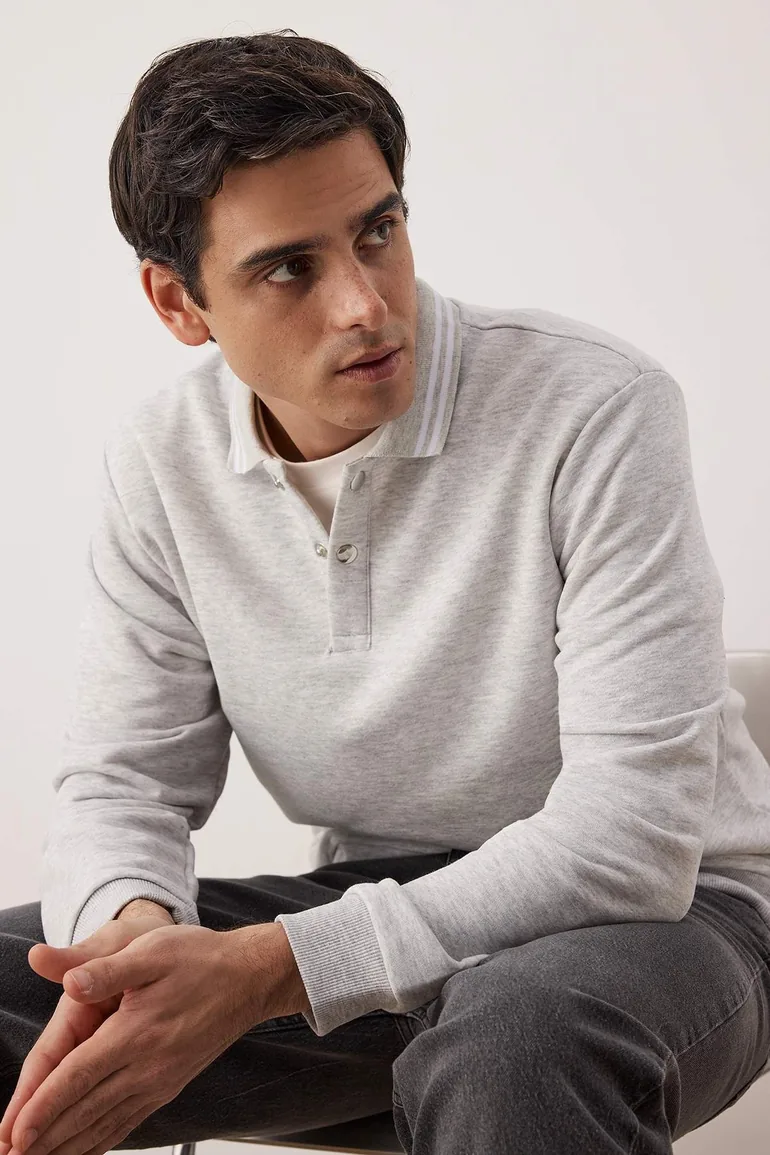 Gray melange regular/normal polo neck knitted sweatshirt - 6