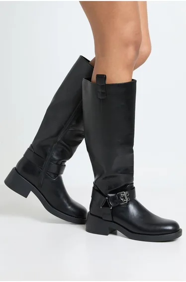 Chunky Buckle Knee High Biker Boots - black