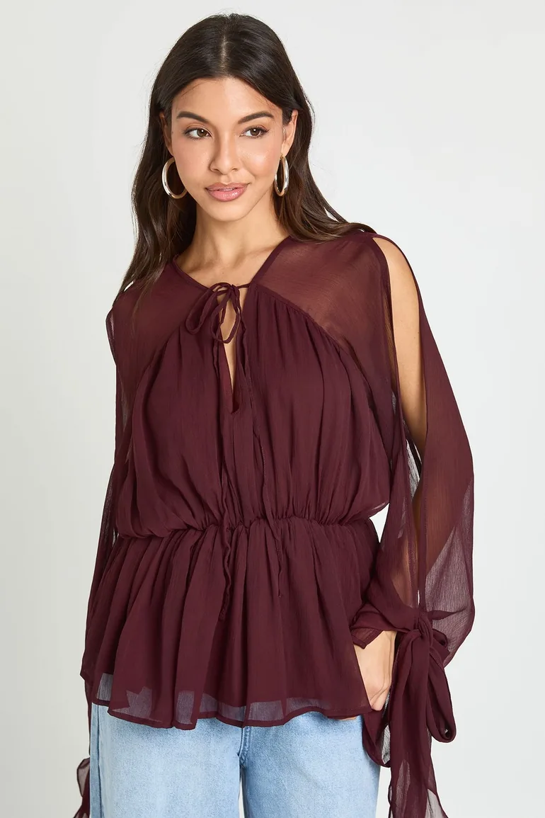 Tie Front Cold Shoulder Blouse - plum