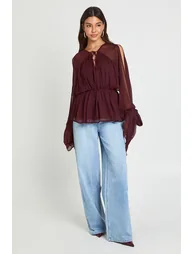Tie Front Cold Shoulder Blouse - plum - 1