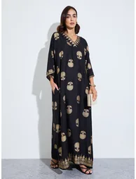 Black Foil Print Kimono Sleeves Jalabiya