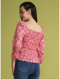 Floral Printed Sweetheart Neck Ruched Detail Top - 2