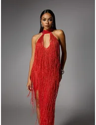 Elvrik Halterneck Fringe Cutout Split Maxi Dress In Red - 4