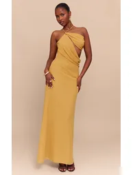 Mustard Chiffon Cut Out Draped Maxi Dress - 5