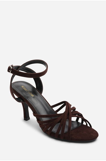 Cyprus Multi Cross Over Strap Mid Heels In Brown Suede product thumbnail 3