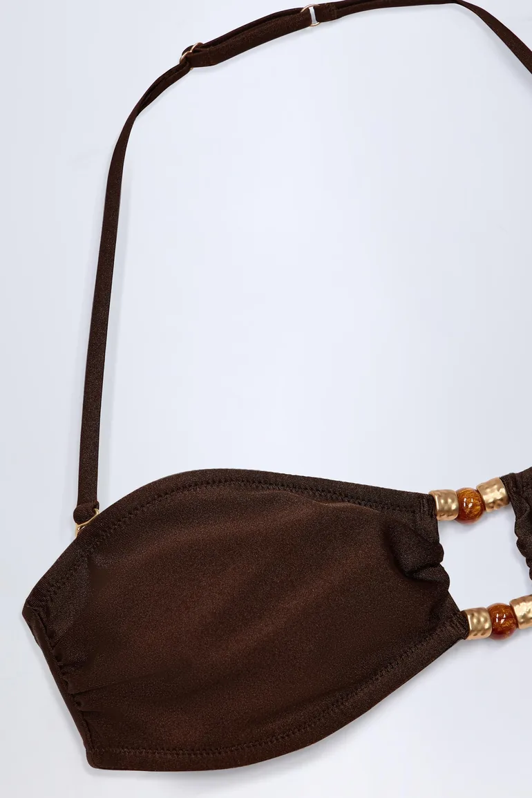 Bead-Embellished Bandeau Bikini Top in Dark Chocolate - 4