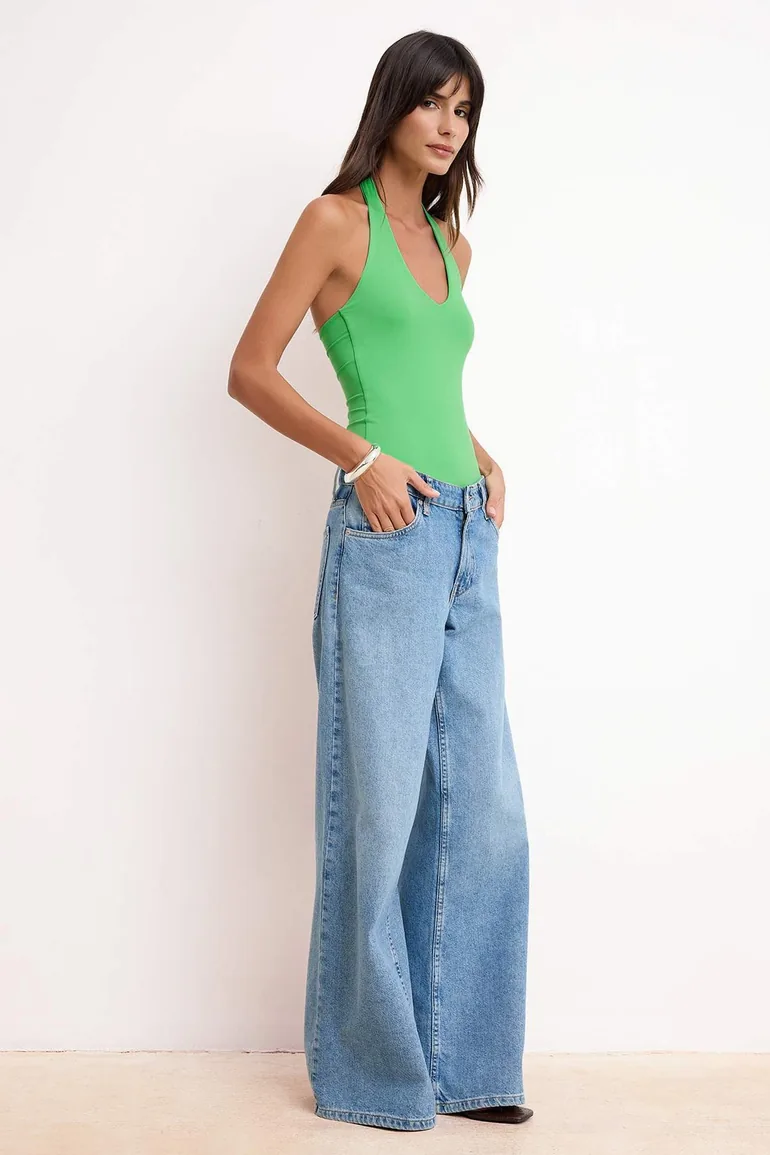 Green Bodycon Pool Collar Sleeveless Backless Snap Fastener Polyamide Knitted Bodysuit