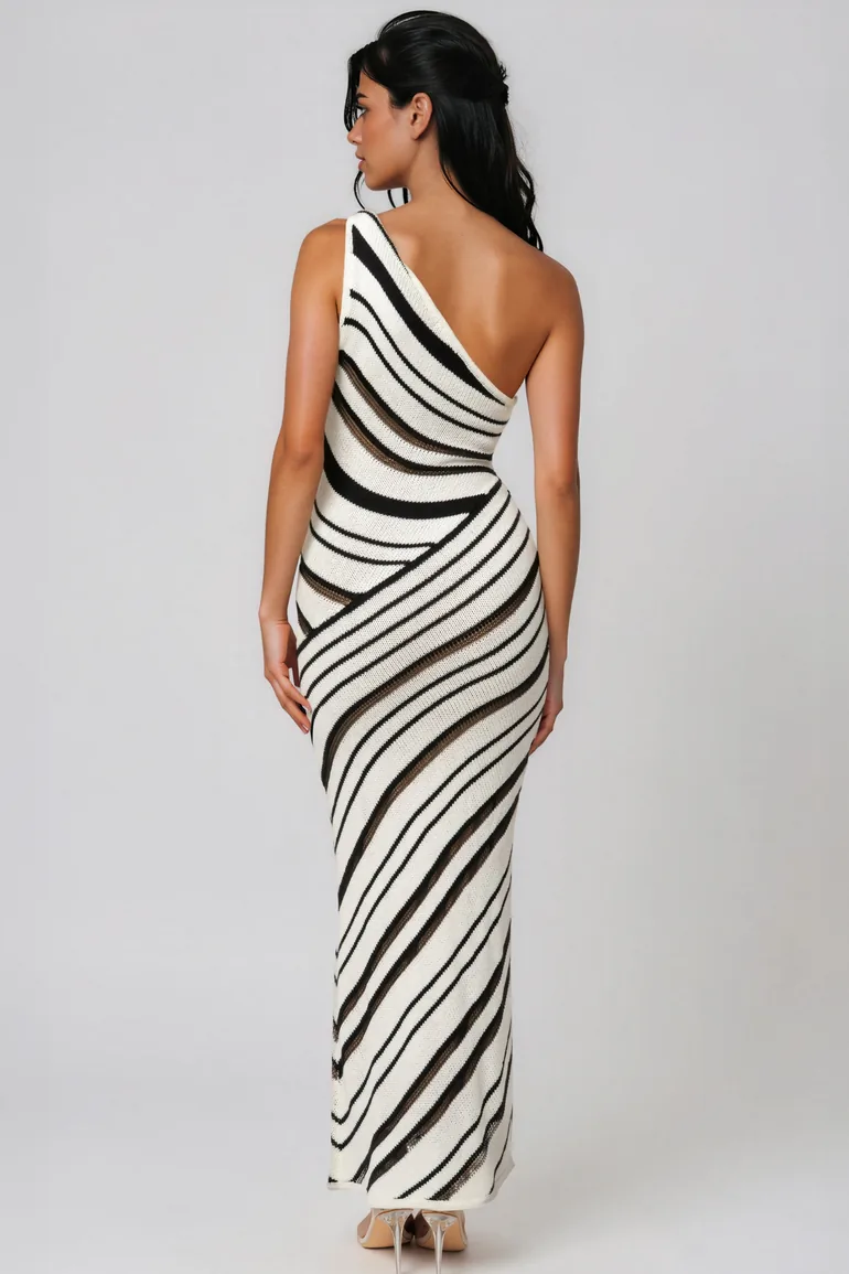 Kanon One Shoulder Knit Stripe Maxi Dress - 3