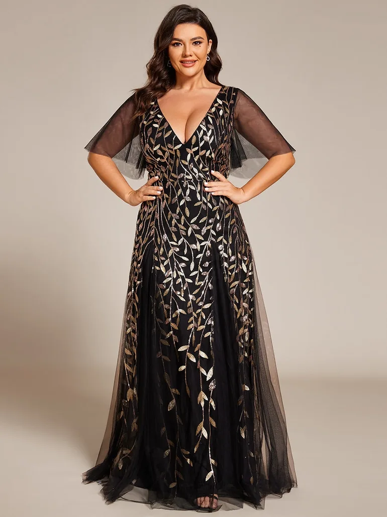 Plus Size Deep V Neck Sequin Evening Gown With Short Sleeves - 3