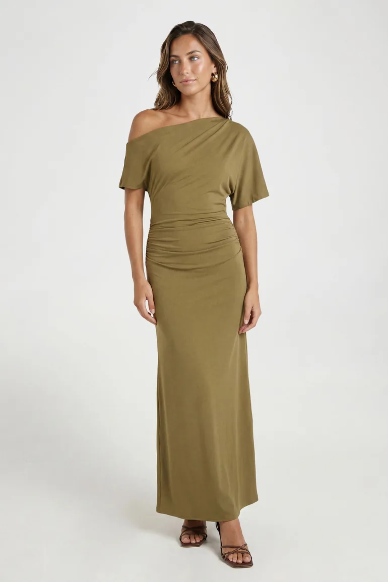 Super Soft Drop Shoulder Ruched Waist Maxi Dress - khaki