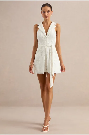 Karys | White Lace Plunge-Neck Playsuit With Belt Detail