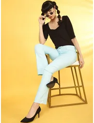 Women Light Blue Bootcut Fit Overdyed Jeans