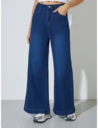 Dark Blue Wide Leg Faded Jeans - 1