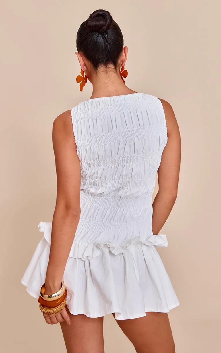 White Tailored Shirred Frill Shift Dress - 2