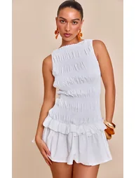 White Tailored Shirred Frill Shift Dress - 1