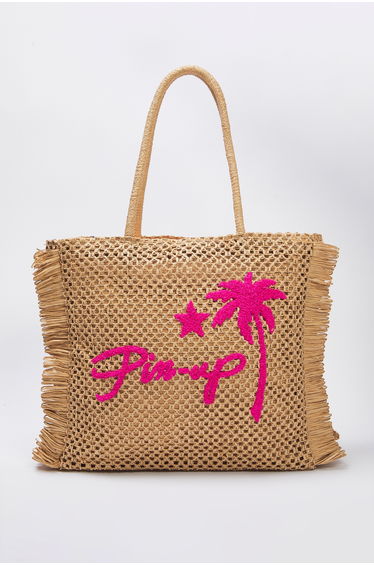 Camel Embroidered Tassel Detailed Straw Women's Maxi Size Tote Shoulder Bag product thumbnail 3