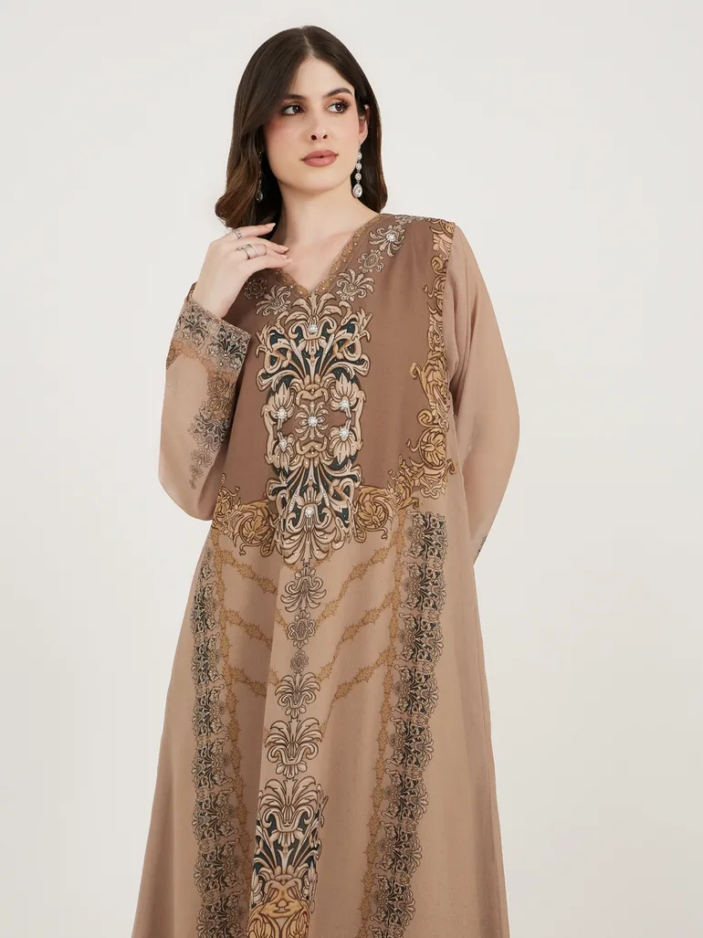 Damask Print Studded Georgette Kaftan - 1
