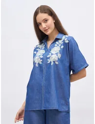 Oversized Chambray Shirt with Embroidery - 1
