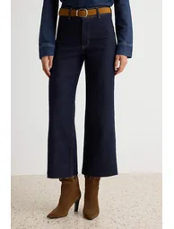 Dark Blue Medium Stretch High Waist Ankle Length Culotte Jeans - 2