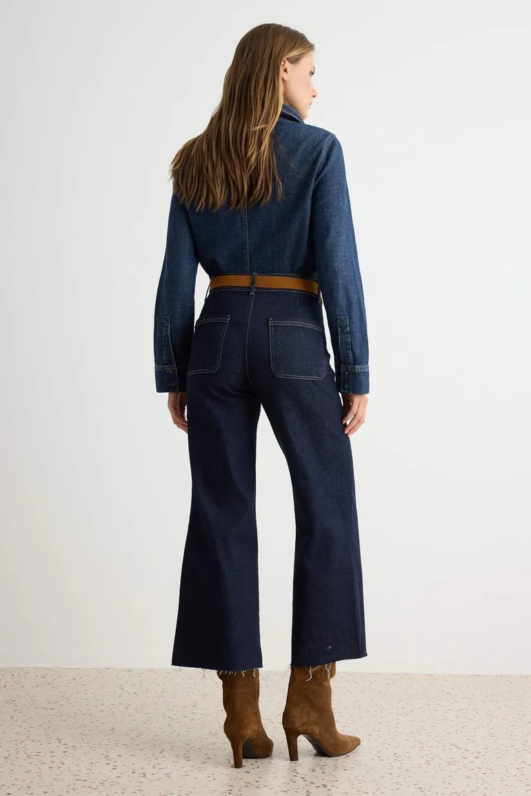 Dark Blue Medium Stretch High Waist Ankle Length Culotte Jeans - 3