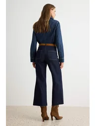 Dark Blue Medium Stretch High Waist Ankle Length Culotte Jeans - 3