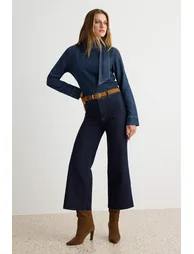 Dark Blue Medium Stretch High Waist Ankle Length Culotte Jeans - 1