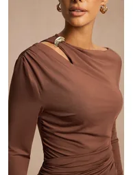 Asymmetrical Neck Ruched Long Sleeve Mini Dress - 4