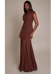 Mushroom Woven Cap Sleeve Chiffon Godet Detail Maxi Dress