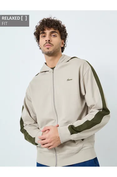Khaki Color Block Panel Relaxed Fit Hoodie
