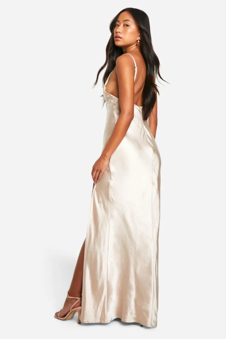 Bridesmaid Satin Strappy Floor Length Dress - oyster - 1