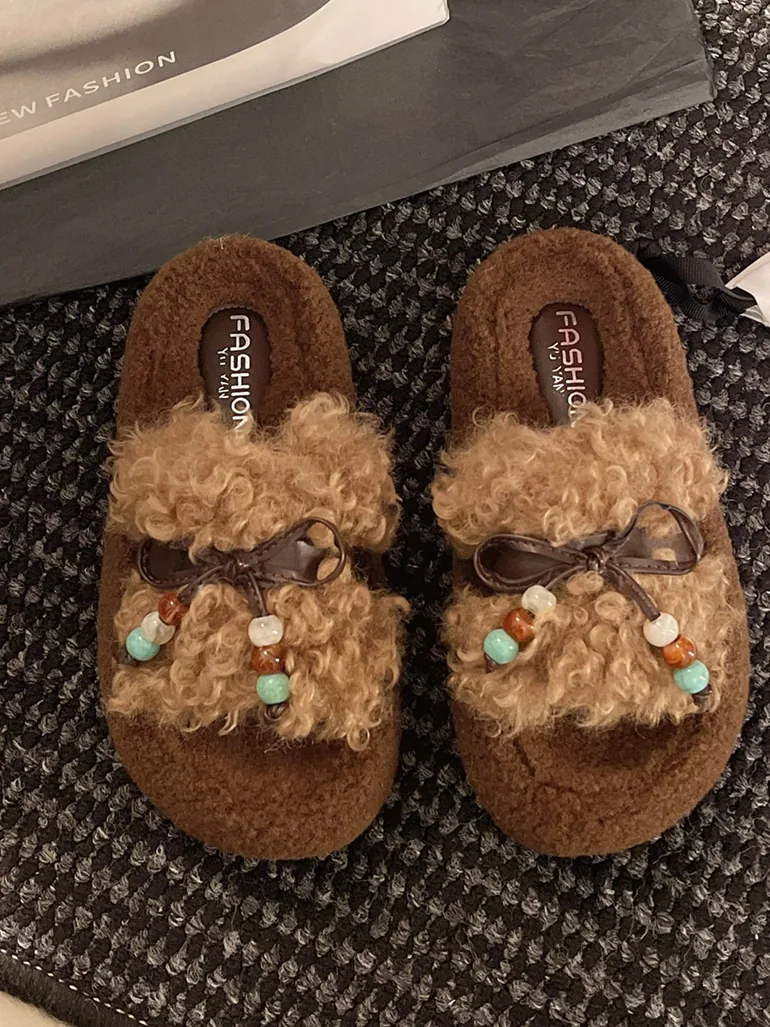 Plush Slides with Beaded Bow - 4