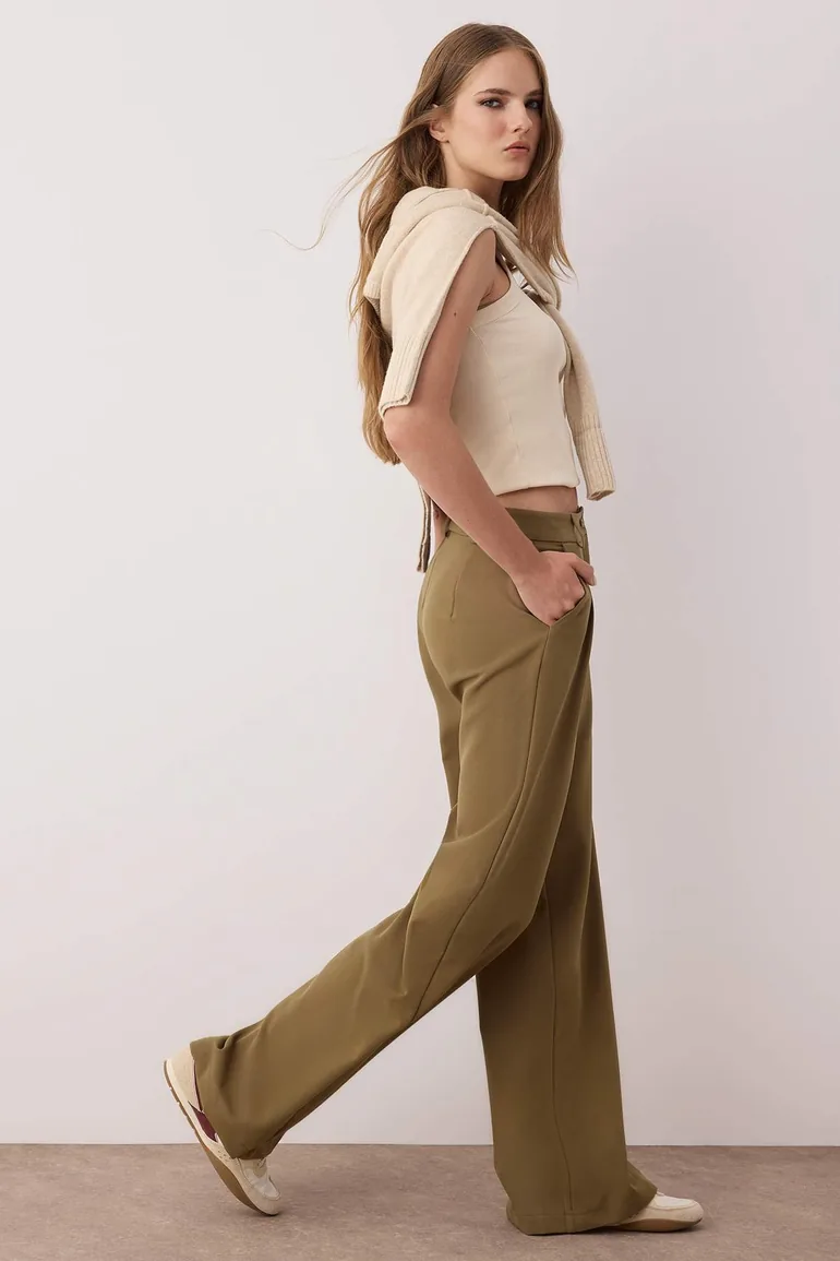 Light Khaki Pleated Wide Leg Trousers - 7