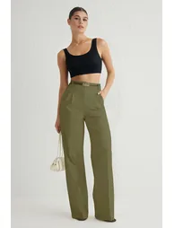 Light Khaki Pleated Wide Leg Trousers - 2