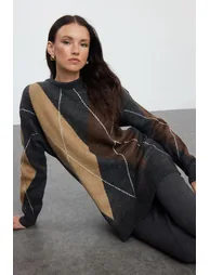 Anthracite Color Block Soft Texture Knitwear Bottom-Top Set - 4