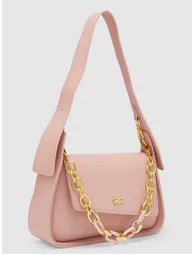 Pink Textured Handbag with Chain Accent - 3