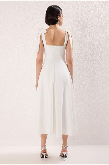 White A-Line Strap Binding Detail Woven Midi Stylish Evening Dress Night Graduation Dress product thumbnail 3