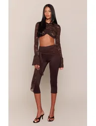 Tall Chocolate Jersey Lace Tie Detail Capri's - 1